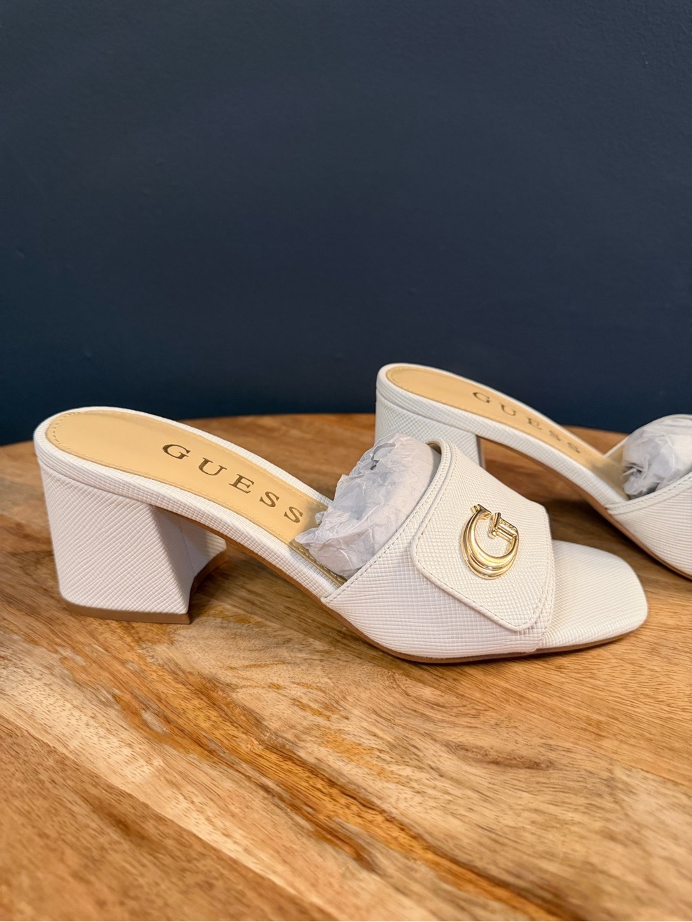 GUESS White Slide Mules with Gold G Logo - Picture 3 of 10